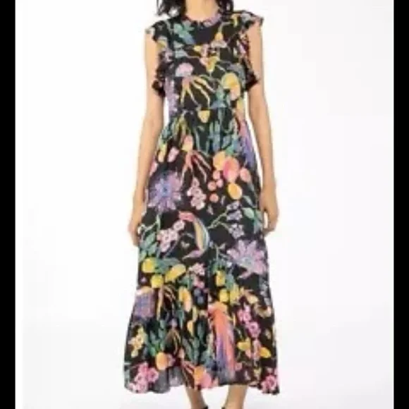 Banjanan Hannah Dress Large Eden Garden Black Print Viscose Maxi $400 Retail - Picture 1 of 9